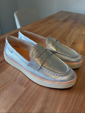 Cole Haan Metallic Silver Penny Loafers with Cream & Pink Trim